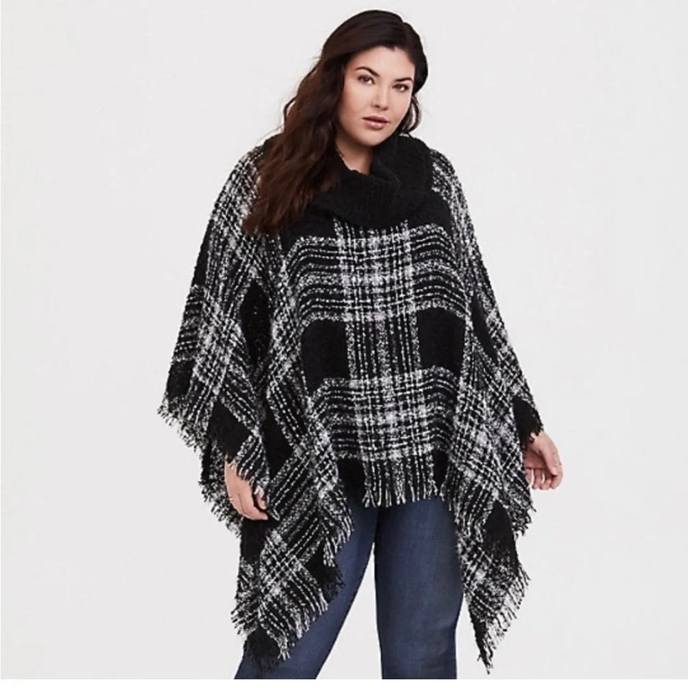 Torrid Southwestern Plaid Boho Fringe Cowl Turtleneck Poncho Sweater